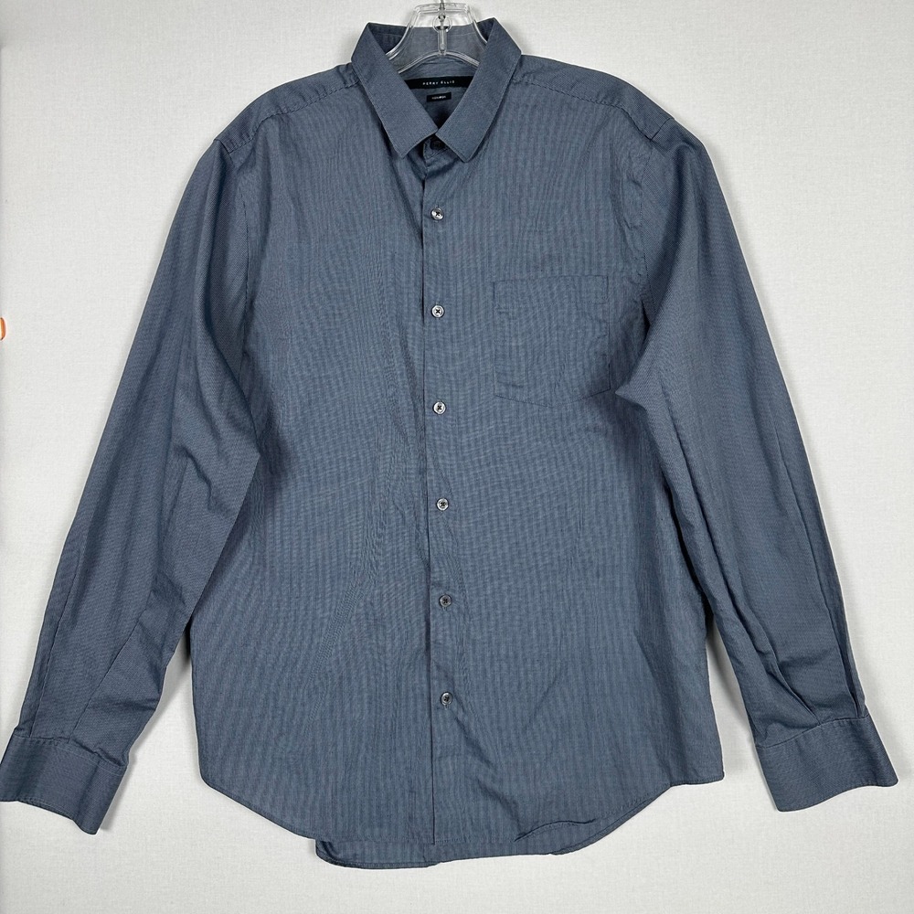 Perry‎ Ellis Dress Shirt Mens Blue Gray Stripe Non Iron Long Sleeve L